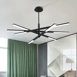 Indoor Modern Design Tube Strip Led Pendant Lights Hanging Lamp Dimmable LED Chandelier Light Fixture With Gold Rods Restaurant