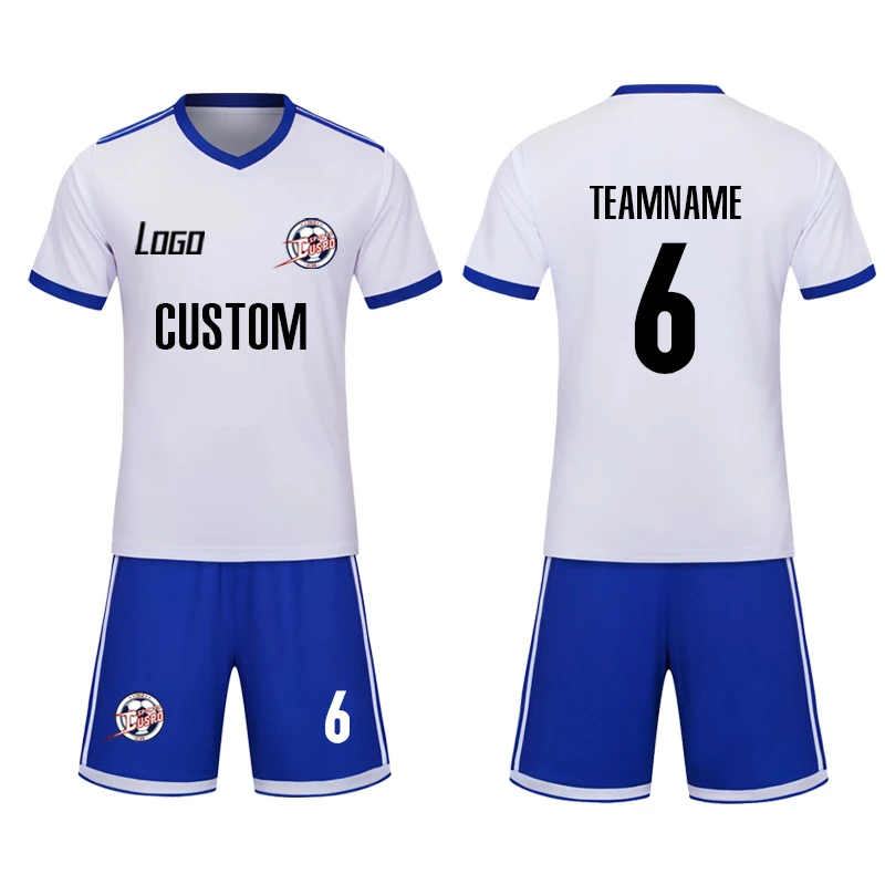 Dye Sublimation Custom Printing Blue and White Soccer Uniforms Sets Men  Football Kits Soccer Jersey