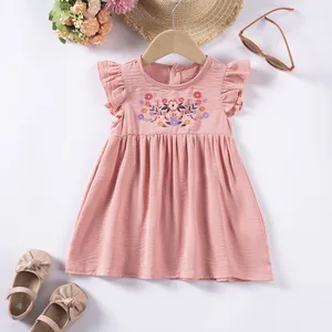 Children's Cotton Soft Pink Fly - Sleeve Embroidered Floral Short Sleeve Dress Infant Girls O - Neck Knee Length Garment