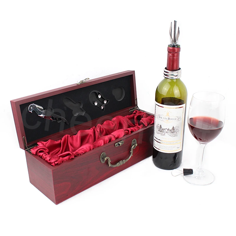Most Popular 750ML Red Wine Single Bottle Gift Box and 4 Piece Accessories Kit With Metal Handle Wine Wooden Single Box