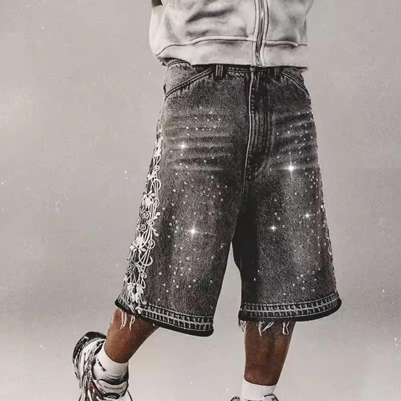2025 Men's Custom Embroidery Patchwork Vintage Washed Cotton Denim Black Cargo Distressed Knee Length Rhinestone Jorts Shorts gallery 6