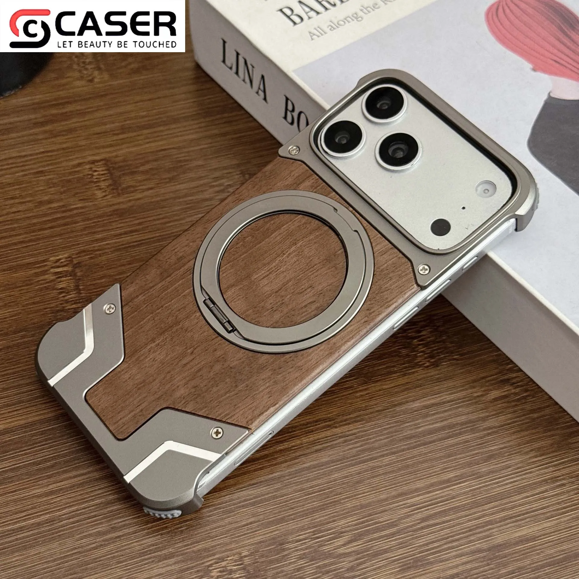Magnetic Ring Phone Case With Hidden Kickstand Natural Walnut Wood Metal Bezel Anti Drop Cool Mecha Phone Cover for iPhone 13-17