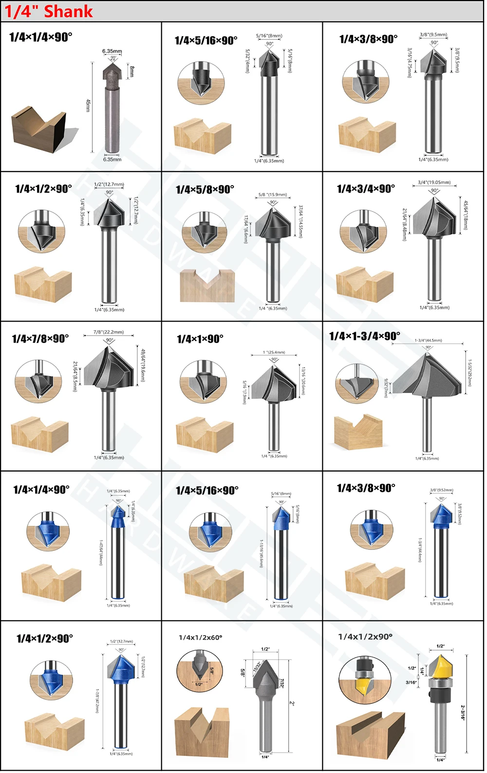 1/4シャンクカーバイドフラットチップ60度ウッドミルV溝ルーター