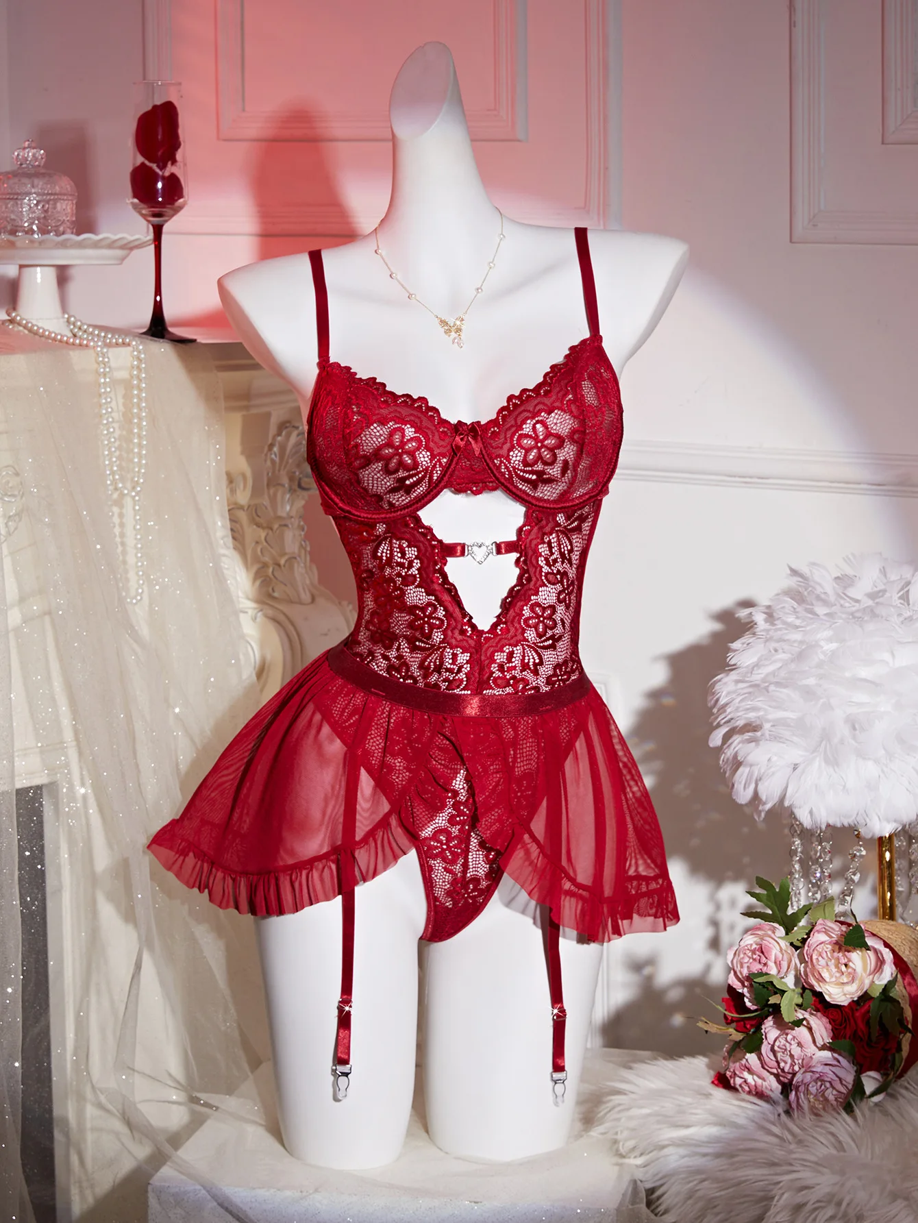 Qinelle Red Lace Corset Garter Lingerie Set