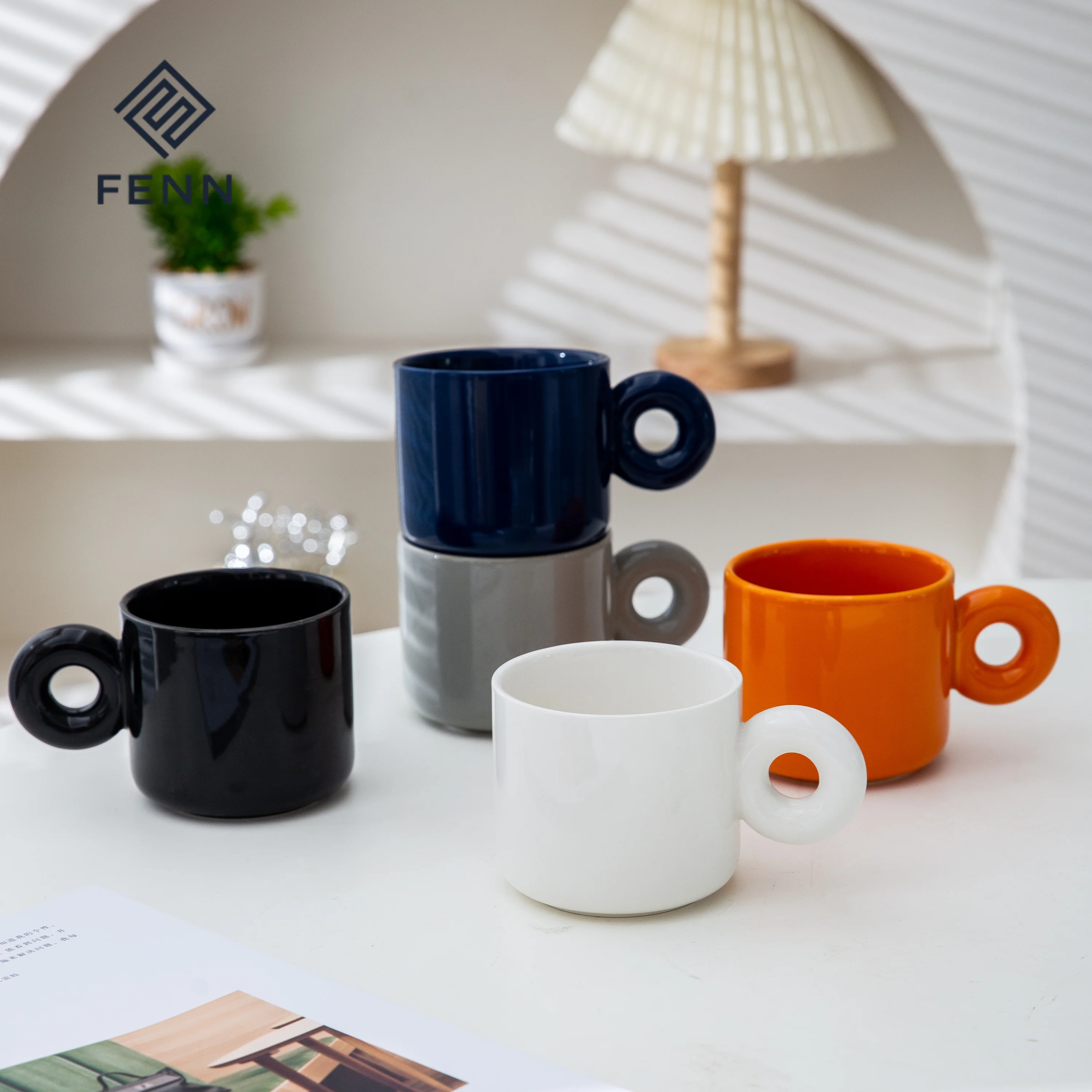 product fenn modern thick round handle colored custom logo ceramic mugs nordic style black glossy colored cappuccino cups cafe mug-57