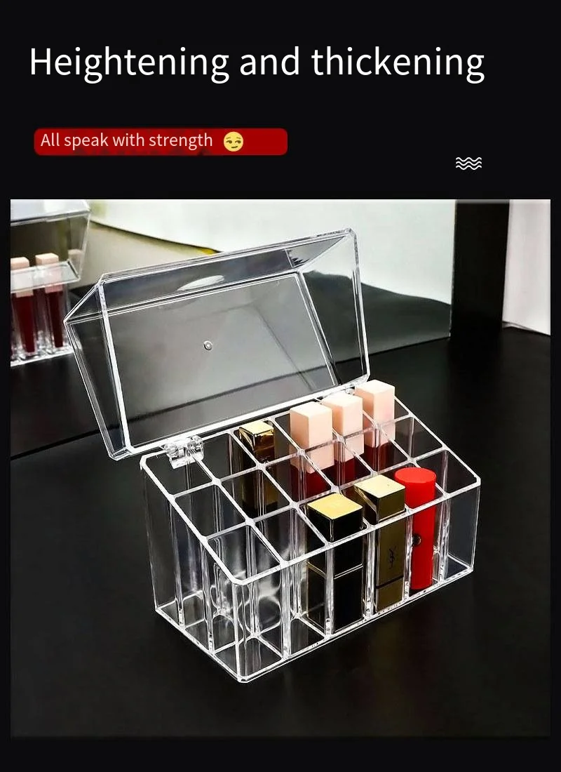 Lipstick holder storage box Clear dust proof division lipstick lip glaze dresser shelf 18 lattice with lid details