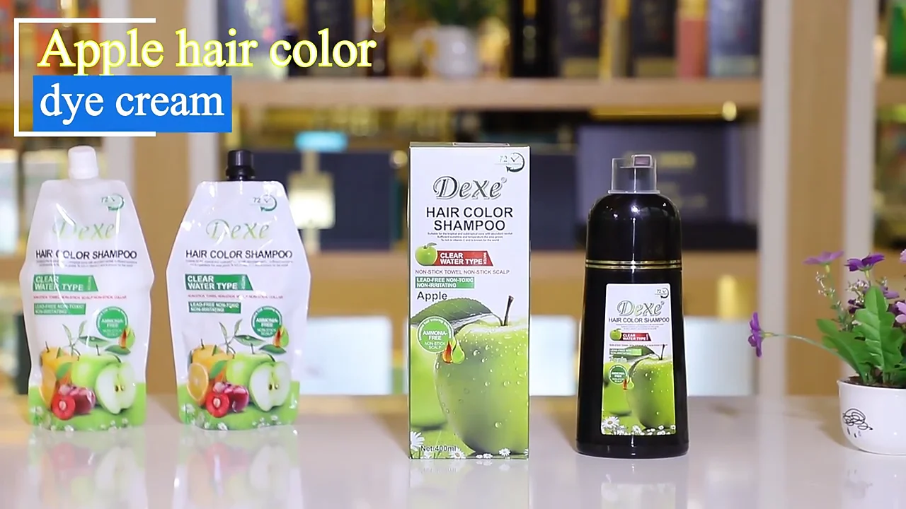 Dexe - Profissional de salão de beleza 3 em 1 shampoo de cor de cabelo com  maçã, livre de alergias, cor de cabelo preto para homens e mulheres, ..., image size:1280x720