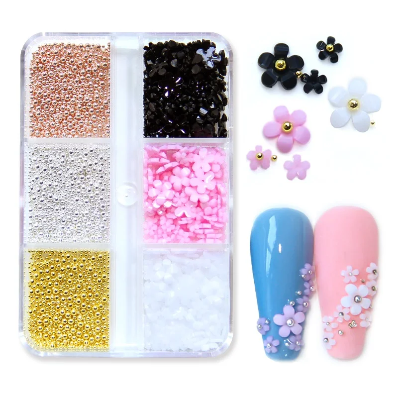 3D Flower Nail Charms - 6 Grids 3D Nail Flowers Gems White Pink Cheery  Blossom Nail Art Charms Spring Nail Art Supplies 3D Flowers with Pearls  Beads