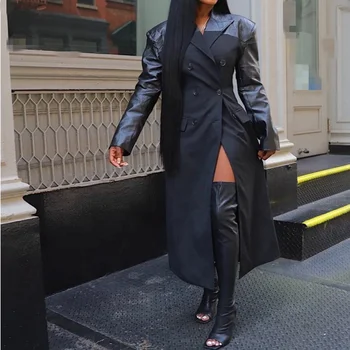 Winter Fall Women's Motorcycle Patchwork Pu Leather Trench