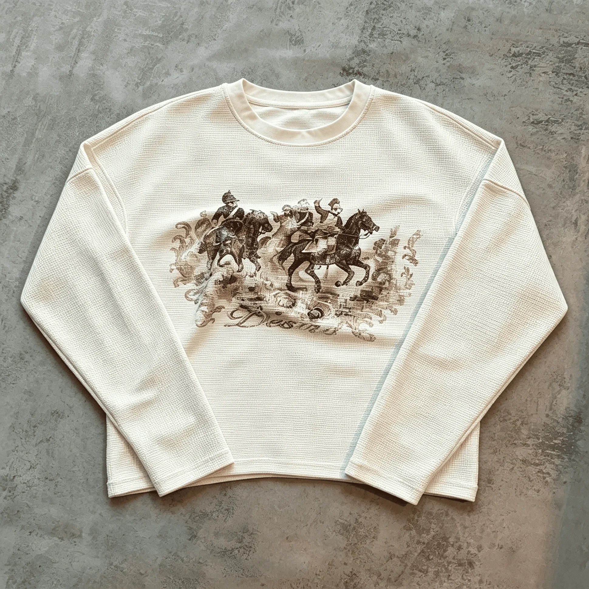 Custom Heavyweight Waffle Cotton Cropped Fit Retro Graphic Print Casual Long Sleeve T Shirt Men gallery 8