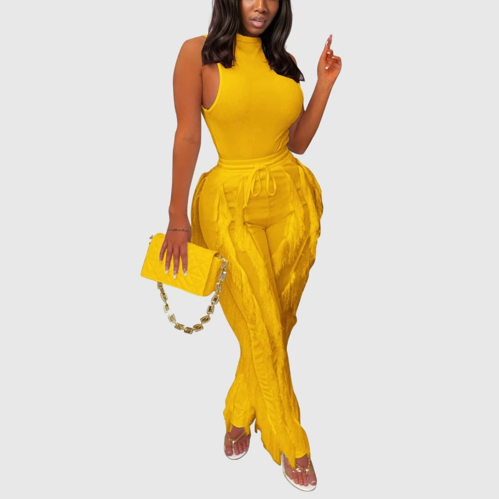 C0902TA8 High Quality Summer Solid Color Tassel Two Piece Pants Set Women Sehe Fashion