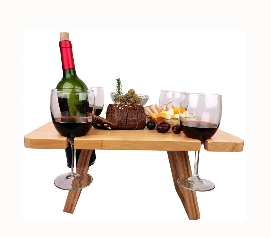 Идея для нового продукта 2021, аксессуары для вина, для путешествий, кемпинга, складной деревянный Бамбуковый стол для пикника на открытом воздухе с винными держателями