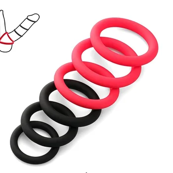 Adult Sex Toys Male Silicone Cock Glans Penis Rings Men Delay Ejaculation, Set of 6 Multi Sizes (Black Red)