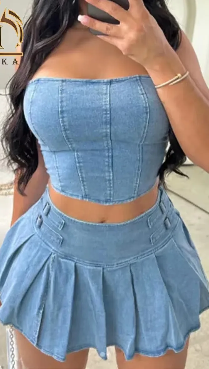 SEXY DENIM TWO PIECE PANT SET