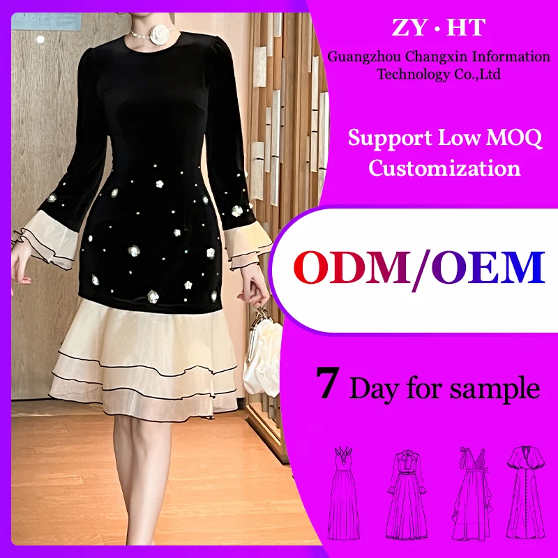 ZYHT 21574 Autumn Winter Spring Beaded Elegant Birthday Party Black Velvet Dress Ladies Long Sleeve Short Dress for Women