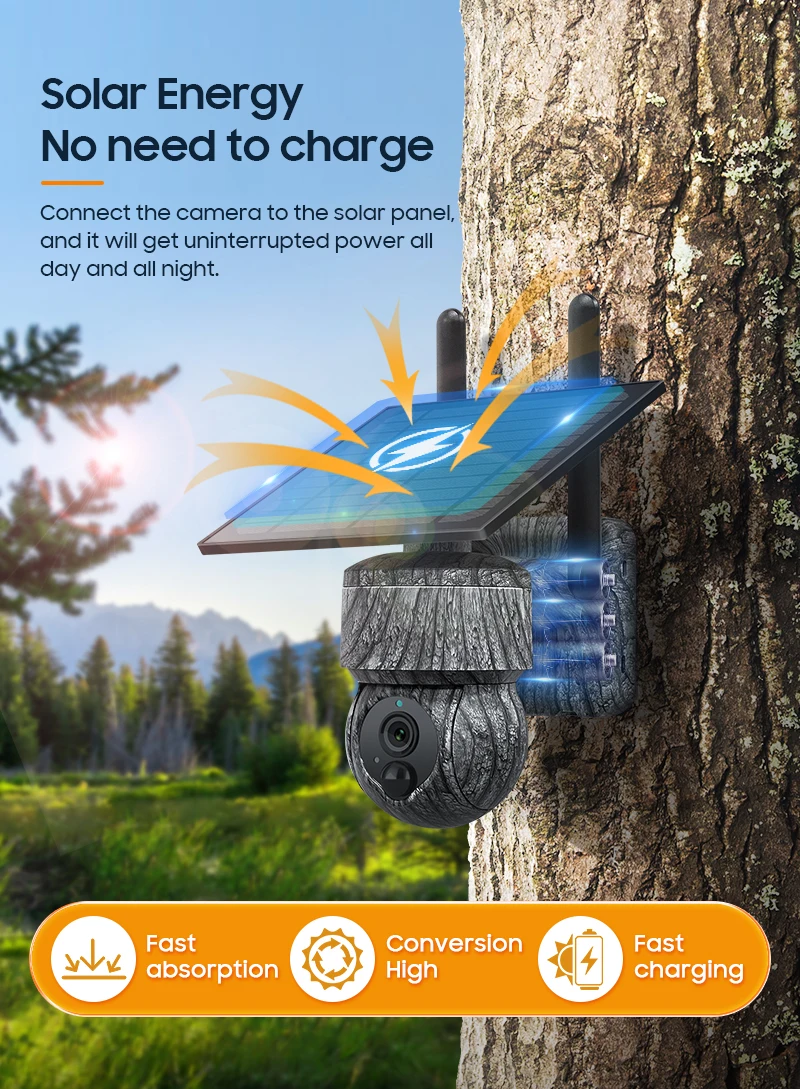 4G WIFI solarbetriebene drahtlose Wildkamera, Fallen mit Live-Ansicht-Alarm, Personenerkennung, PTZ-Kamera für die Jagd in der Sicherheit zu Hause – Detail 1