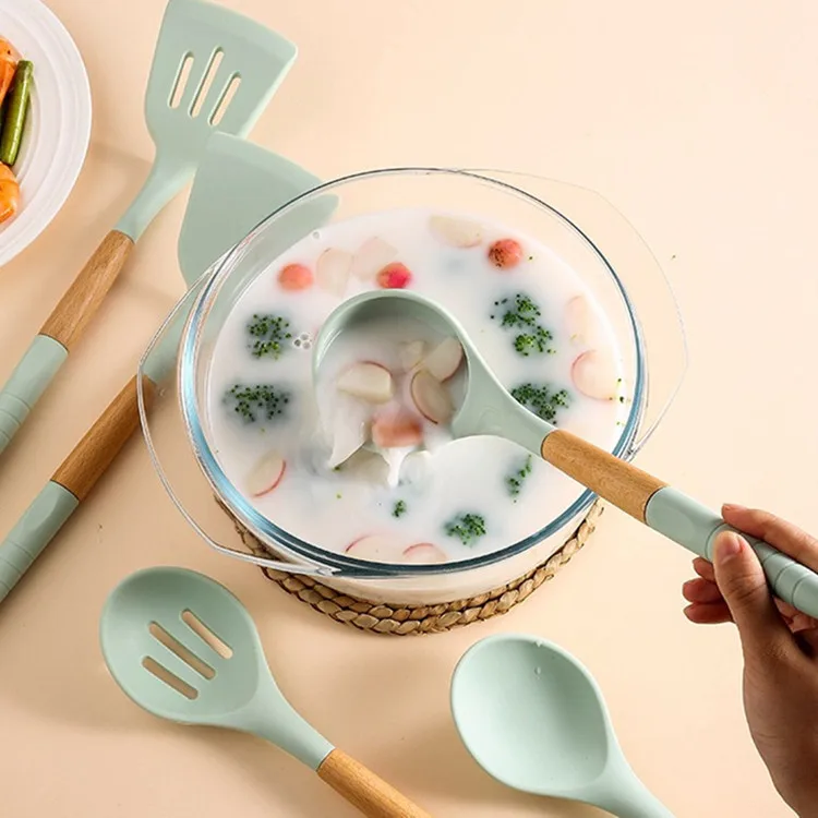 Silicone Cooking Utensils Set with Holder Bucket Heat Resistant Detachable Handle Kitchen Cooking Tool Mint Green
