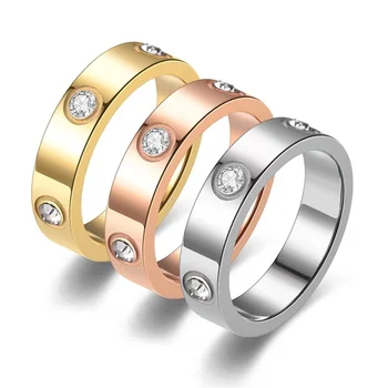 18kTitanium Steel Full Nail Ring Fashion Rose Gold Stainless Steel Six Diamond Couple Ring Custom18K rose gold promise ring