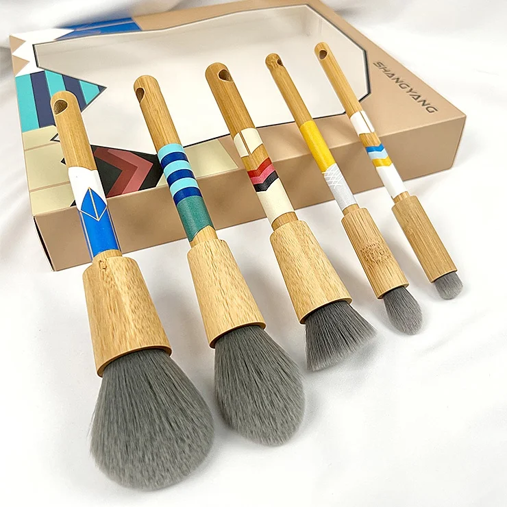 Private Label Custom logo 5pcs Make Up Brushes  Hair Bamboo Handle Synthetic Hair Kit Eco Friendly Makeup Brushes