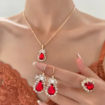 Fine Jewelry Sets Ins Large Waterdrop Crystal Necklace Earrings Ring Set For Women
