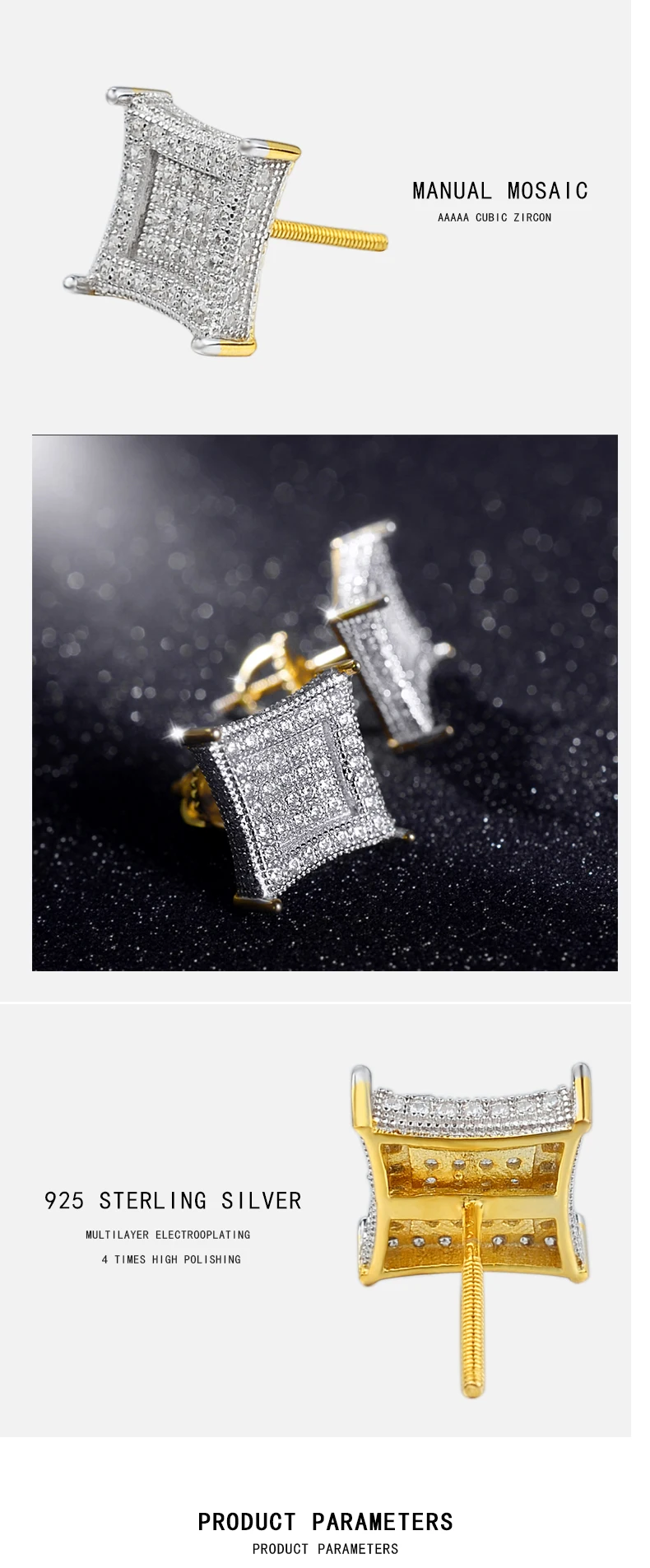 Statement Hip-hop 925 Sterling Silver Jewelry Square Stud Men Earrings