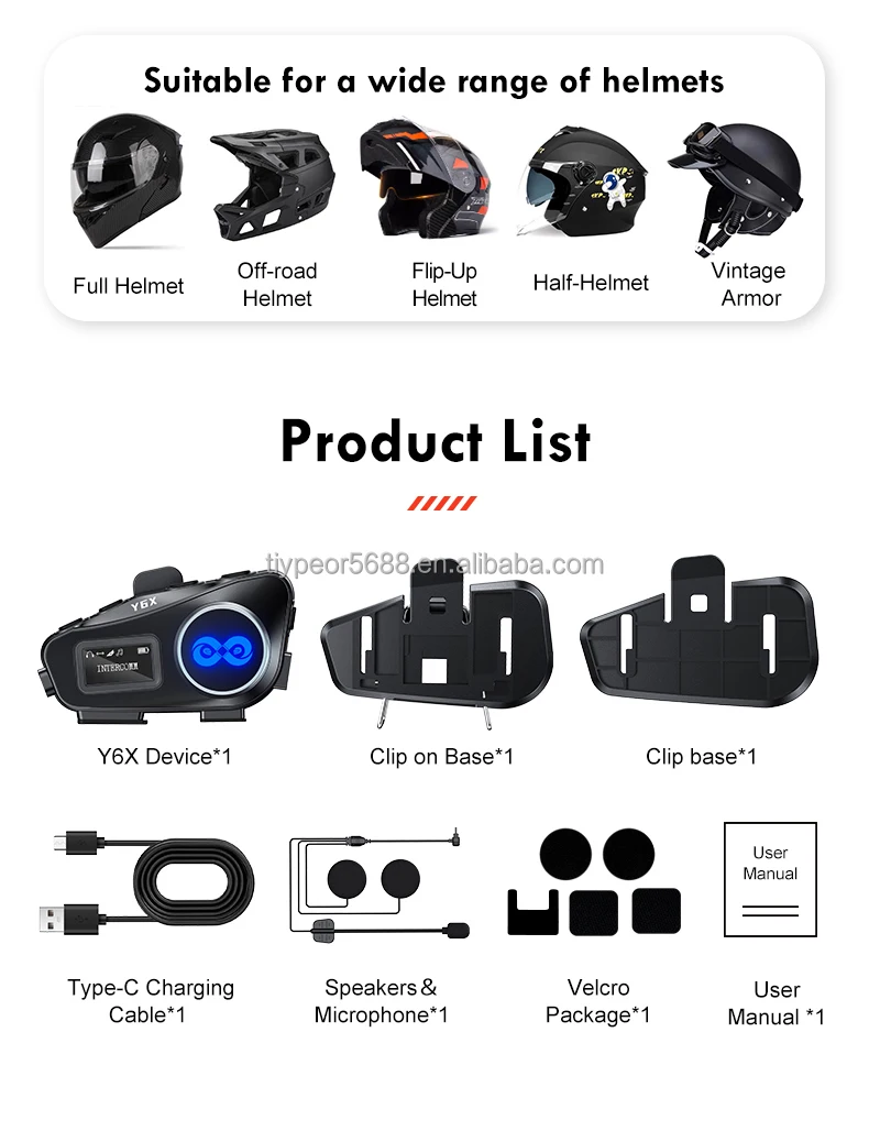 product tiypeor motorcycle bluetooth 51 helmet earphone ipx6 waterproof fm radio flashlight 4 riders intercom 1000m music sharing936-11