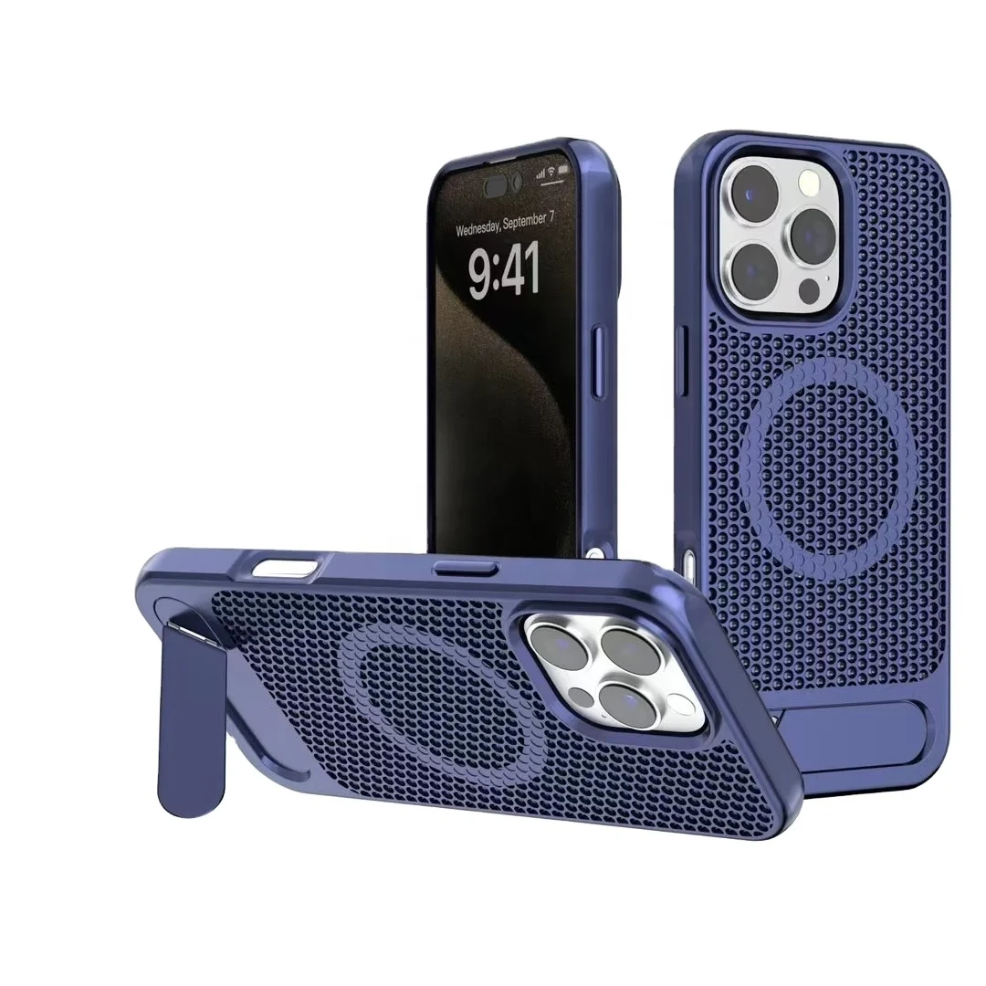 Custom Phone Case Manufacture 2024 Heat Dissipation Metallic Metal Kickstand Phone Case Shockproof Cover for iPhone 16 Case