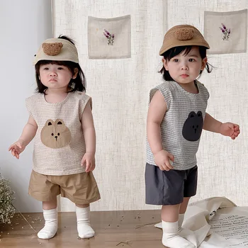 2024 Baby summer unisex baby suit cartoon plaid vest shorts two-piece thin