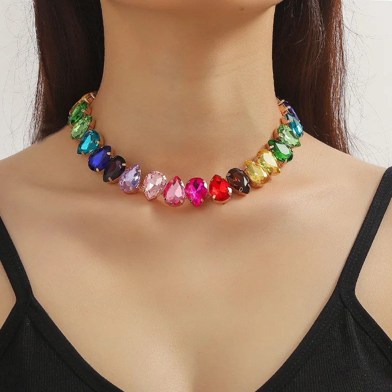Exaggerate Chunky Colorful Crystal Geometric Necklace Sparkling Rhinestone Crystal Water Drop Necklace for Lady