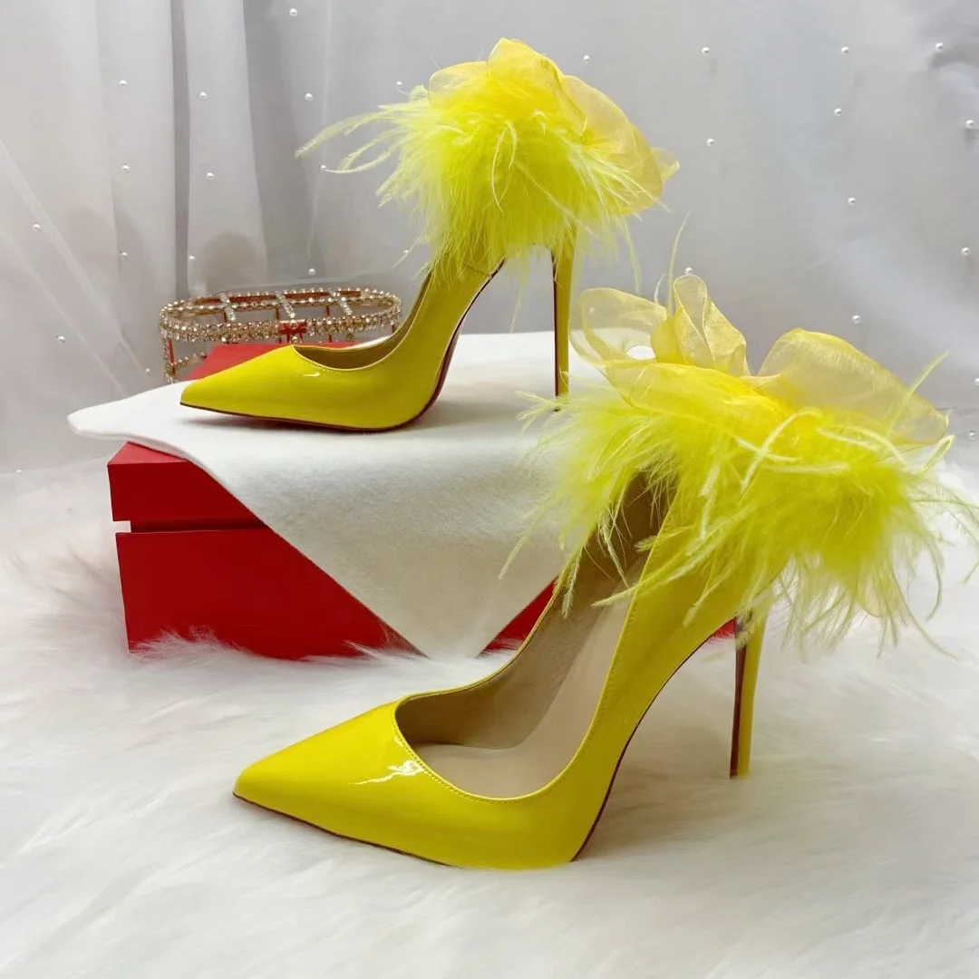 Chaussures à talons hauts en fourrure jaune pour femmes, chaussures  habillées sexy, talons aiguilles fins, usine, grande taille
