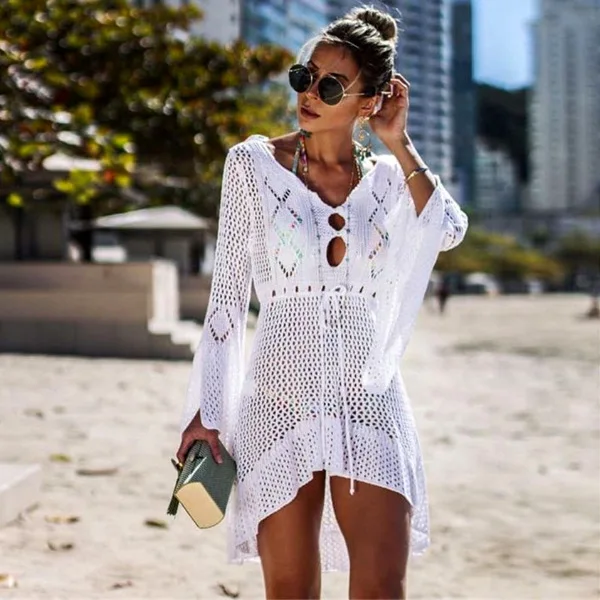 fishnet dress beach cover up Oceanfront White Crochet Fishnet Beach Cover Up Dress