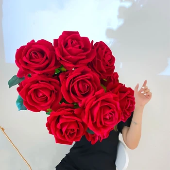 Factory bulk wholesale high quality Artificial single velvet roses flower red white custom real touch rose