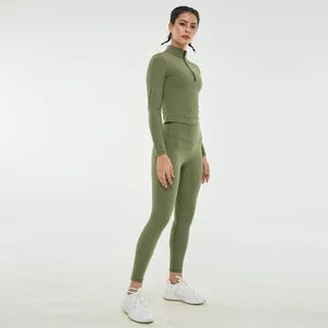 Hot Selling Factory Sexy Solid Yoga Wear Activewear Fitness Set Long Sleeves Jacket Leggings Front Custom Logo
