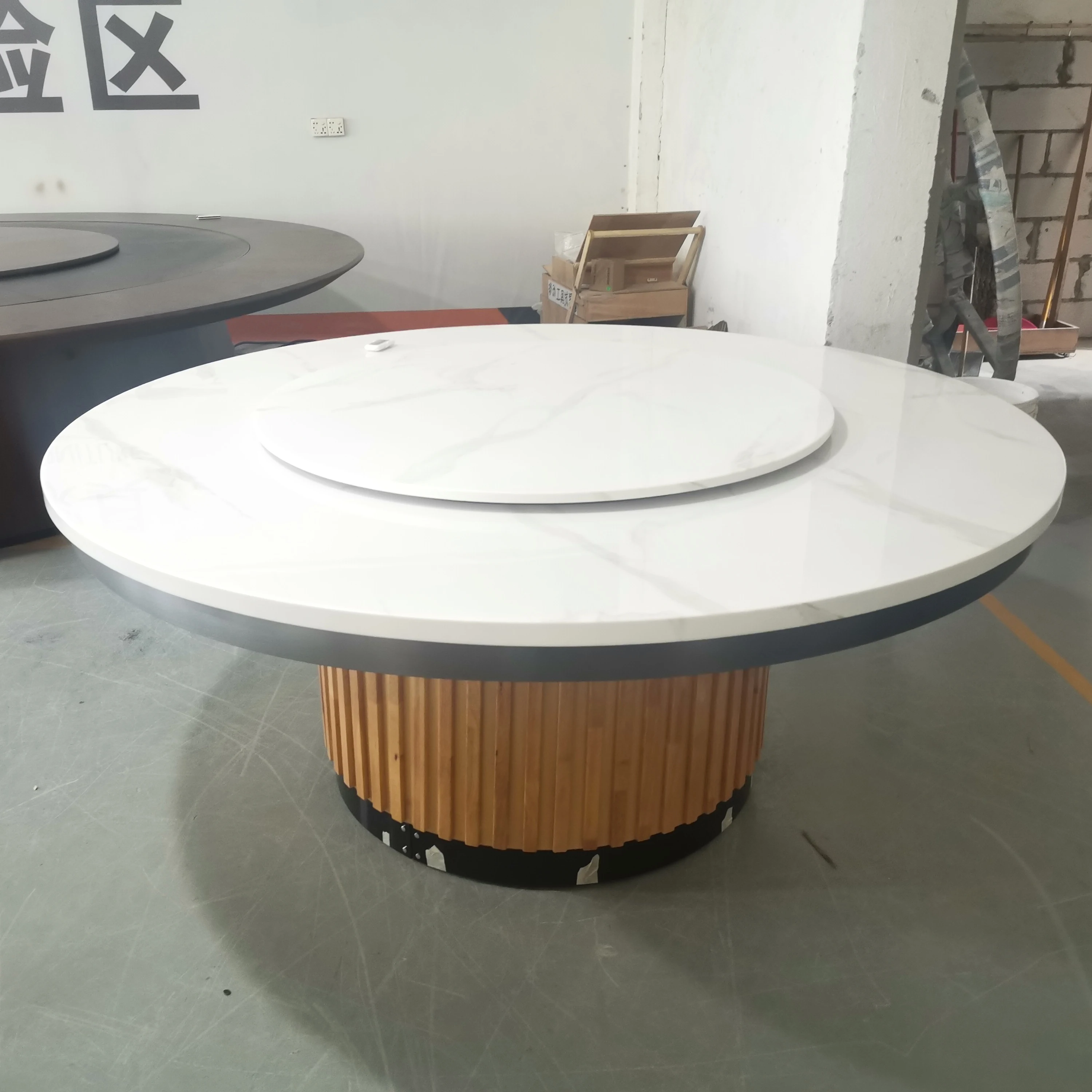 Large Round Automatic Rotatable Real Marble Dining Table Set Commercial