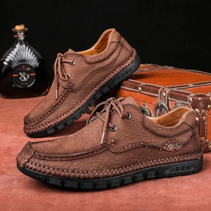 Unique Design Spring and Autumn Waterproof Lace-up Men's Casual Leather Shoes Thick Sole Shock Absorption Versatile Trendy Shoes