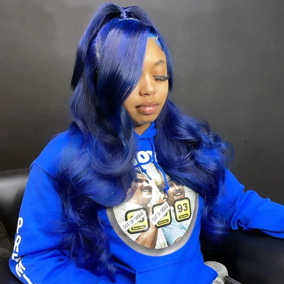 Blau gefärbte 13 x 4 transparente Lace Front Perücke Body Wave Echthaar Perücken für Frauen_voghion.com