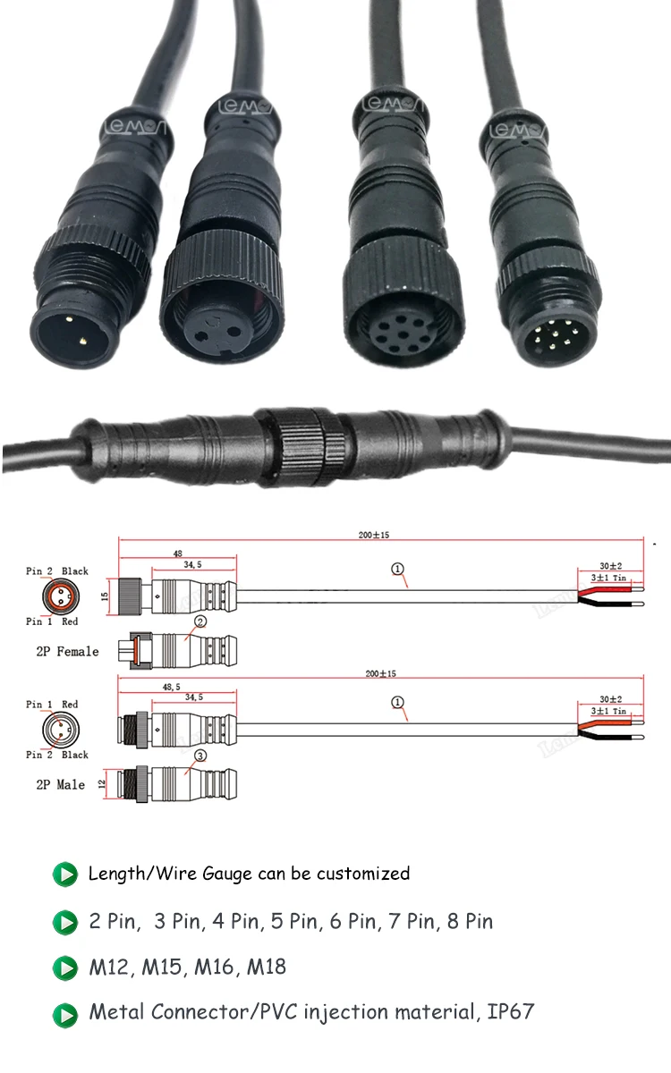 2Pin LED Connector Cable Waterproof IP67 Male Female LED Light Connector 3 4 5 Pin supplier