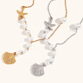 Dingran Summer Beach Ocean Series Jewellery Stainless Steel Seashell Pendant Asymmetric Zircon Necklace