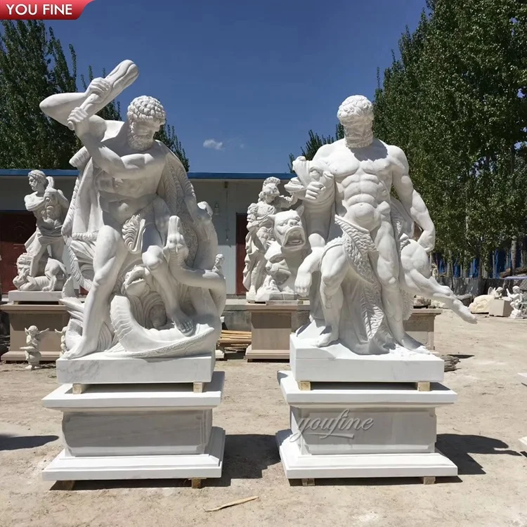 YOUFINE Hand Carved White Marble Hercules and Lichas Statue Dynamic Greek Mythology Wrestling Group Sculpture for Museum
