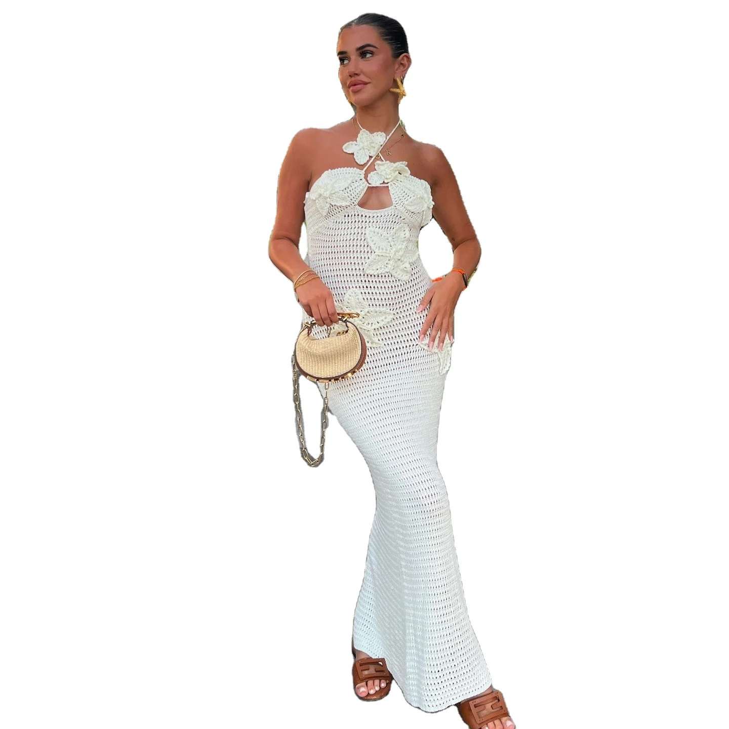 white christmas dresses Desert Days Striped Crochet Halter Tube Dress Oatmeal & Taupe / S