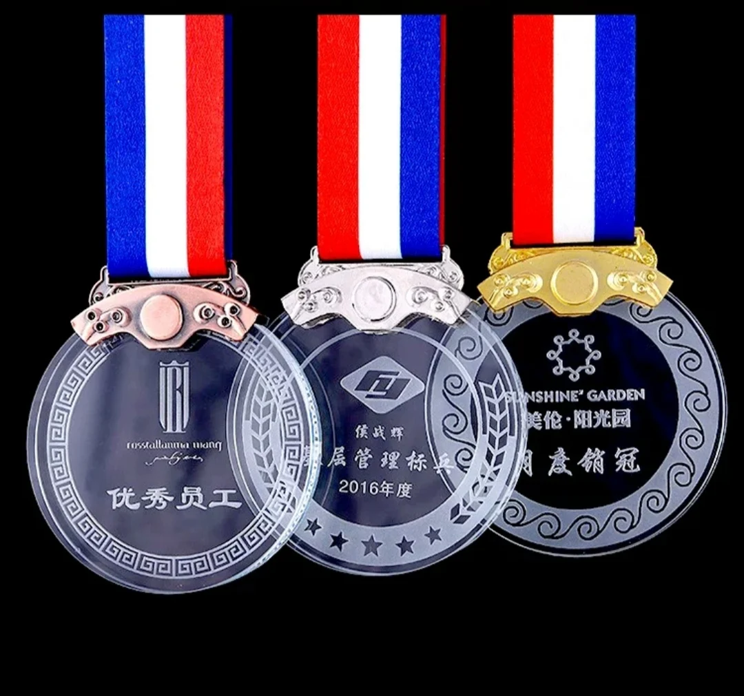 Customized crystal glass medals with ribbon and gift box for sports events supplier