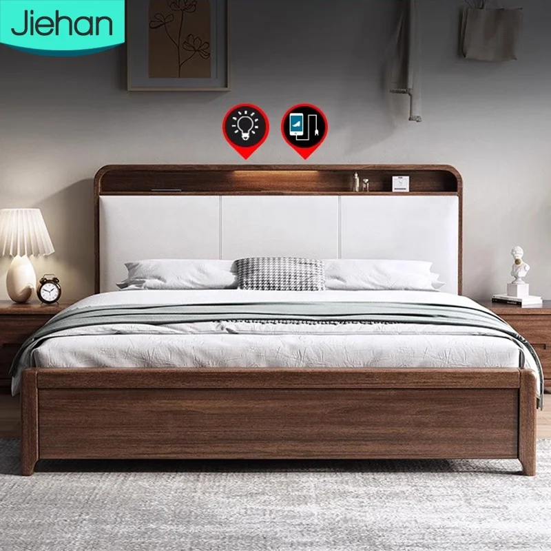 Modern Simple Designs Hot Sale Cheap Price Queen Size Walnut Solid Wood Double Beauty High Box Storage Wooden Bed