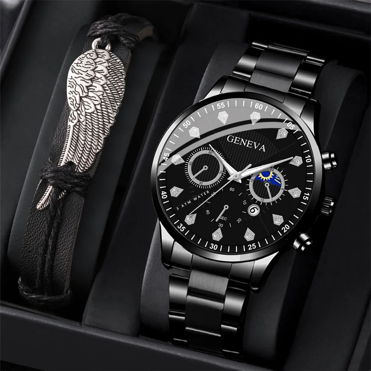 2PCS Set Fashion Men's Business Calendar Watches Men Casual Silver Bracelet Wings Bangle Stainless Steel Quartz Wrist Watch