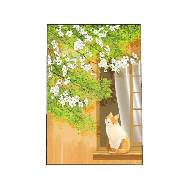 Orange Tabby Cat Wall Art Canvas Print Blooming White Flowers Green Foliage Warm Beige Background Minimalist Whimsical