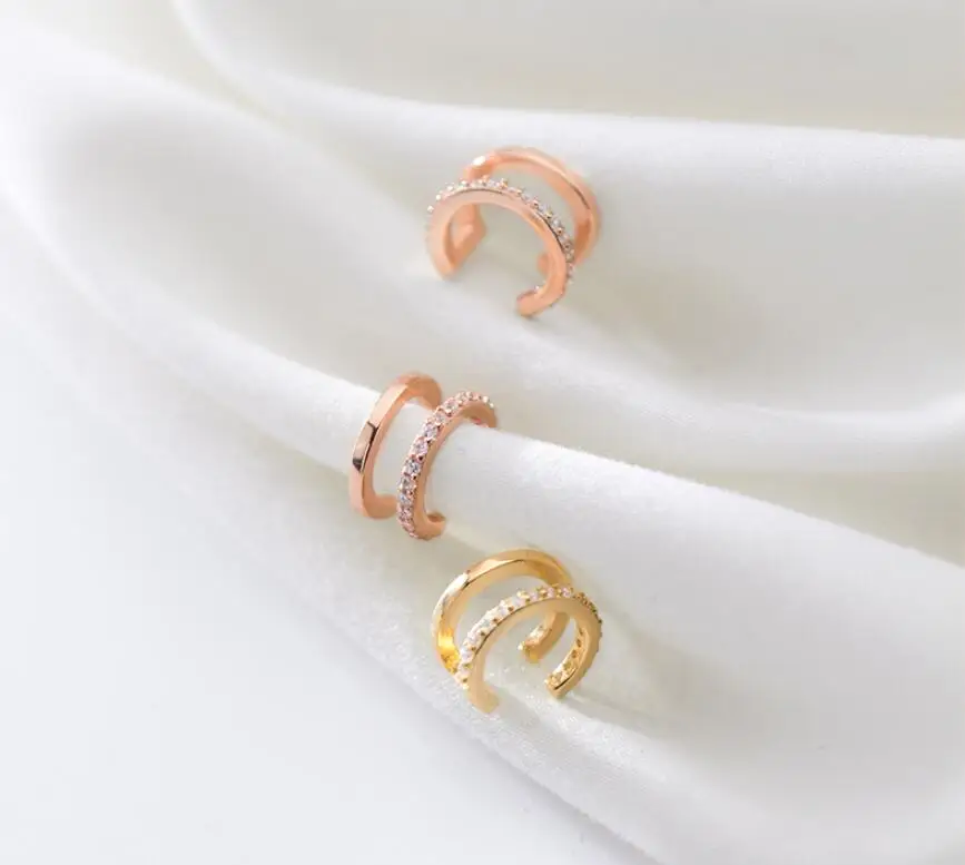 Wholesale Simple 925 Silver Earrings Jewelry Mini Couple Wire Line Double Band Micro Pave CZ Ear Cuff Earrings