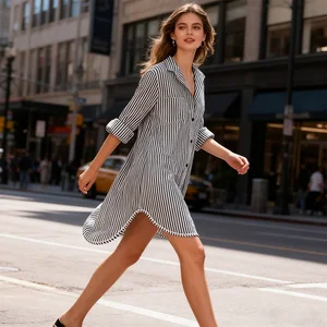 Fashion Women's Striped Print Long Oversized Shirt Casual Collar Top