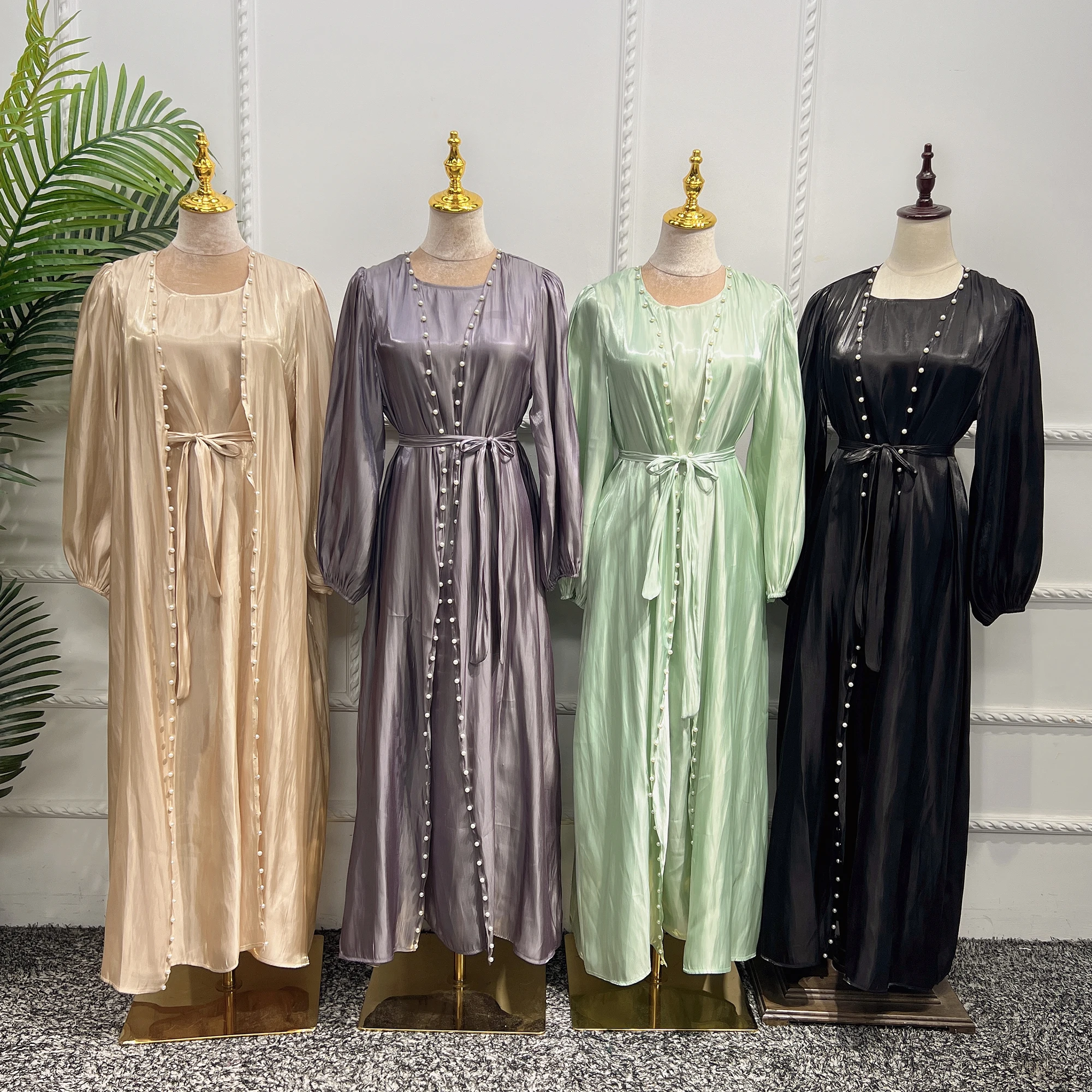 Loriya 2pcs Modest Set EID Womens Dresses Muslim Fashion Beads Open Abaya Women Muslim Dress Elegant Turkey Dubai Abaya