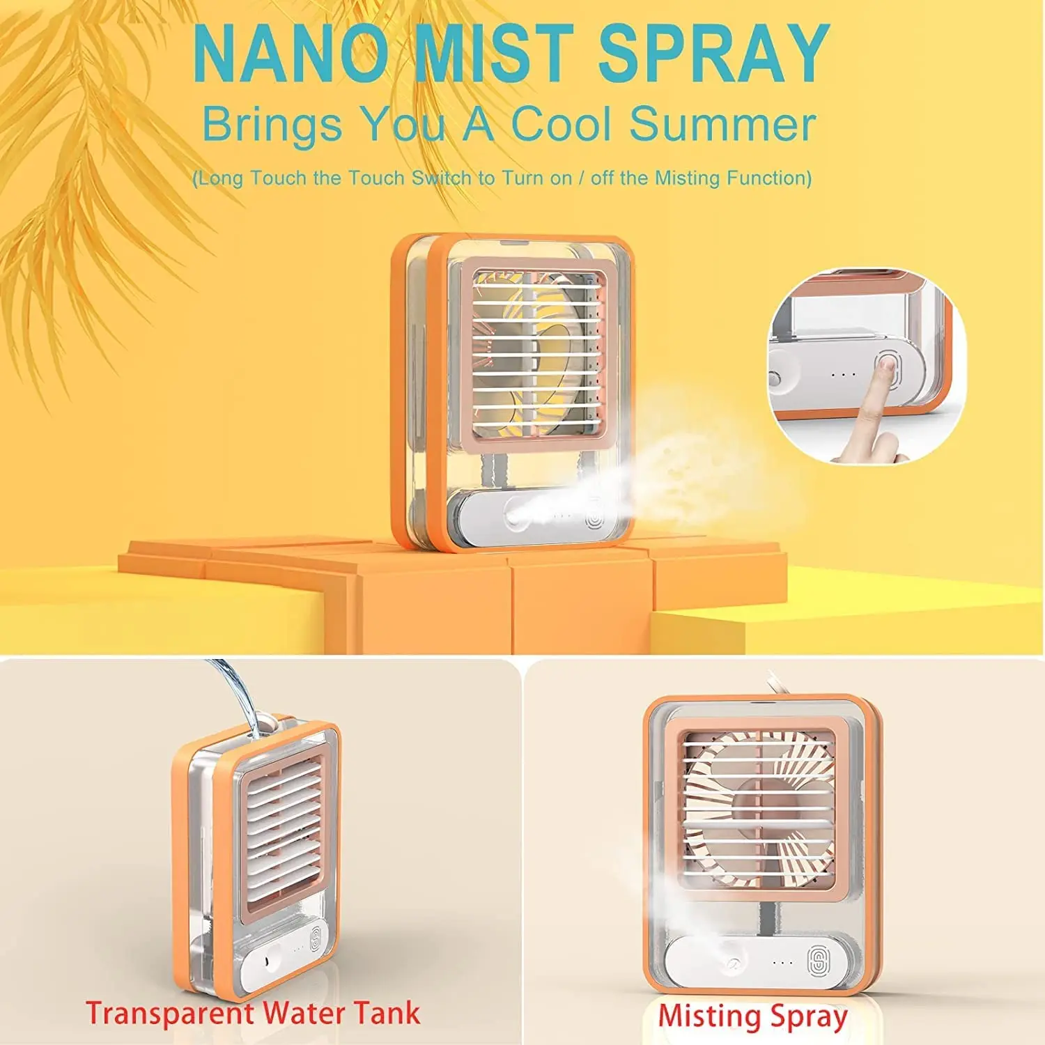 Mini Portable USB Charging Touch Control Electric Evaporative Air Conditioner Cooler Fan With Ice Cool Water Mist Light for Home