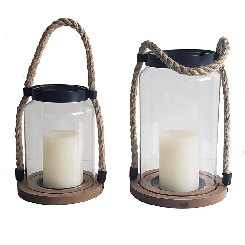 Indoor candle lantern antique glass and wood candle lantern with hemp rope handles