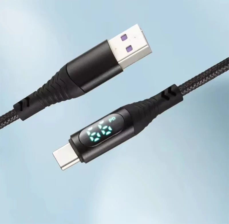 PD 100W 66W Nylon Braided USB-Type C LED Display Charger Data Cable 5A Fast Charging PVC Jacket USB C Phone Fast Charging Cable